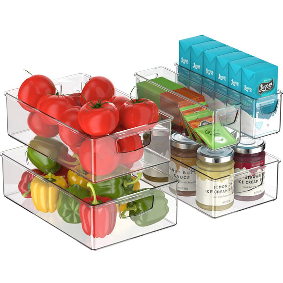 Koovon Fridge Organizers 5 Pack (4 Sizes) Fridge Storage Organizer, Fridge Drawer Freezer Organizer, Stackable Fridge Organizers Container with Handle for Kitchen Freezer Pantry Cupboard - BPA Free