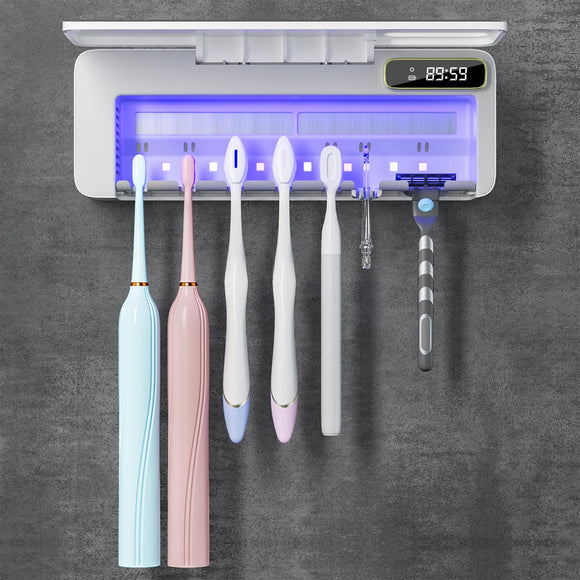 KOOVON UV Toothbrush Sanitizer Holder, 5+1+1 Slots Portable Toothbrush Holder, Rechargeable Wall Mounted Tooth Brushing Holder with Heating Functions, Without Drilling (White)