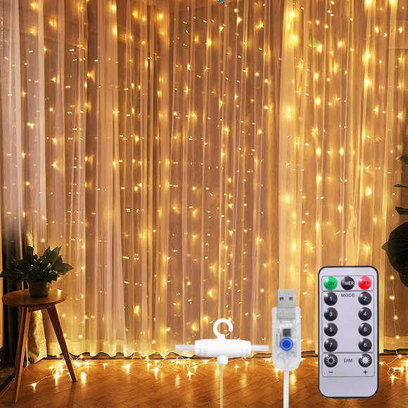 KOOVON 9.8ft x 9.8ft Window Curtain String Light, 300 LED USB Powered with Remote Control Lights for Christmas Bedroom Party Wedding Home Garden Wall Decorations, Warm White