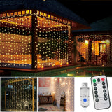 KOOVON 9.8ft x 9.8ft Window Curtain String Light, 300 LED USB Powered with Remote Control Lights for Christmas Bedroom Party Wedding Home Garden Wall Decorations, Warm White