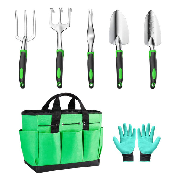 Koovon 7 Pcs Garden Tool Set with Aluminum Head Non-Slip Handle Includes Trowel Transplanting Cultivator Weeding Fork Garden Bag Gloves