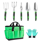 Koovon 7 Pcs Garden Tool Set with Aluminum Head Non-Slip Handle Includes Trowel Transplanting Cultivator Weeding Fork Garden Bag Gloves