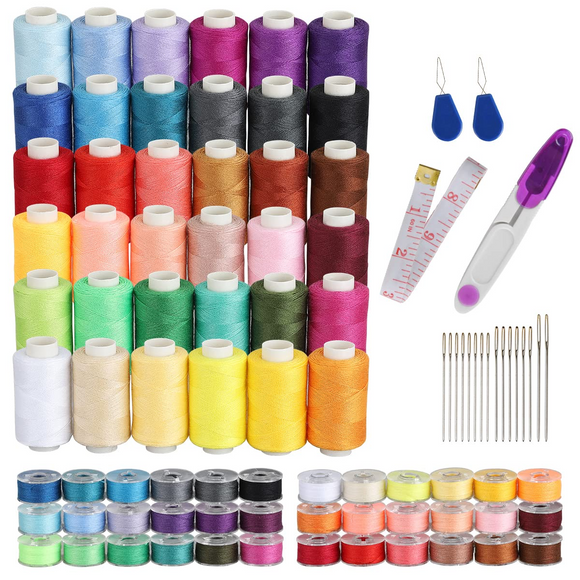 Koovon 72Pcs Sewing Kits, 500 Yards per Polyester Thread Spools with Needle, Threader, Scissors and Ruler, Prewound Bobbin with Case for Hand & Sewing Machine, 36 Colors